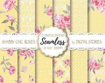 Shabby Chic Digital Paper:"SHABBY LACE YELLOW" Floral Seamless, Tileable Background with watercolor roses  for scrapbooking, invites, cards