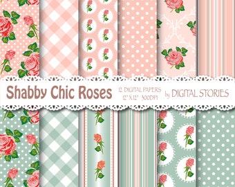 Shabby Chic Digital Paper: "SHABBY PINK GRAY" Floral background with roses for scrapbooking, invites, cards