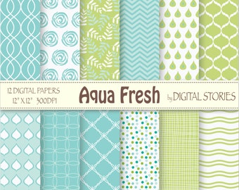 Aqua Blue Digital Paper: "AQUA FRESH" Aqua Blue Green Digital Scrapbook Paper Pack for cards, invites, crafts