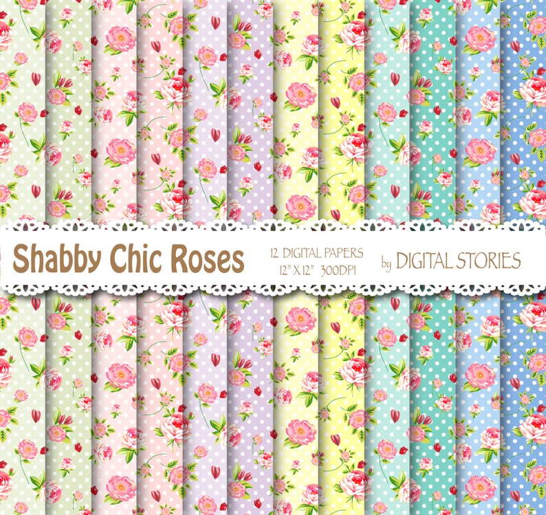 Shabby Chic Digital Paper: DOTS ROSES Floral Colorful for scrapbooking, invites, cards image 1