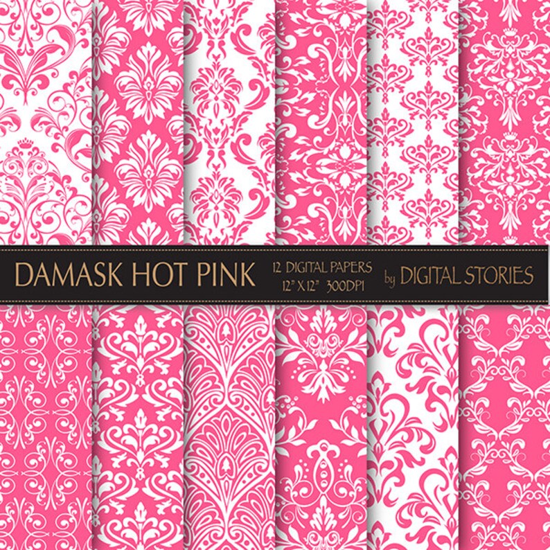 Damask Digital Paper damask HOT Pink Digital Paper With Vintage