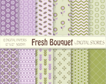 Floral Digital Paper: "FRESH BOUQUET" Purple Green Lilac Scrapbook papers for invites, cards, crafts