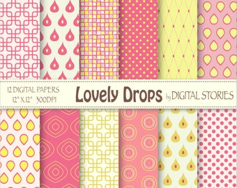 Red Yellow Digital Scrapbook Paper Pack - Girl Pink Square Dots - Lovely Drops - - Instant Download