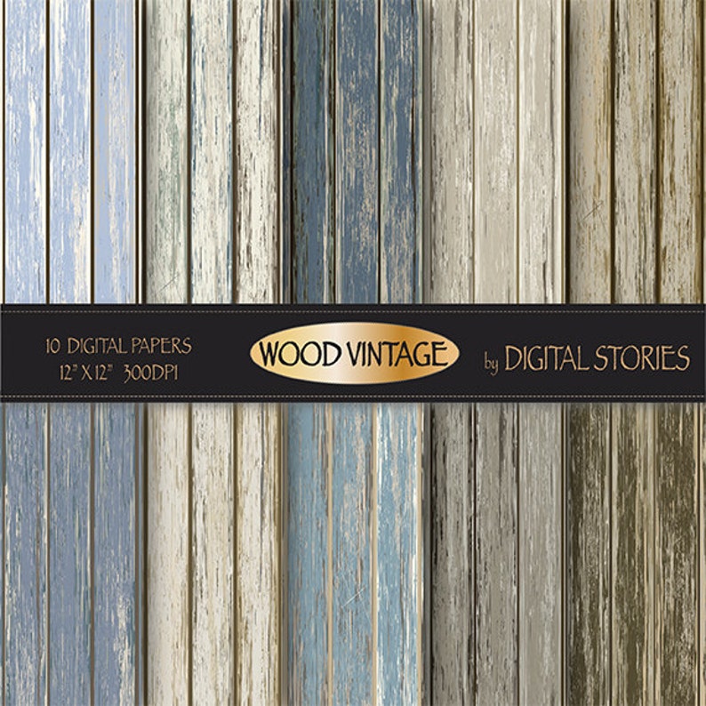 Wood Digital Paper: blue WOOD VINTAGE Distressed Wood in Blue, Gray