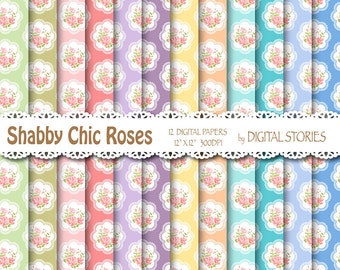 Shabby Chic Digital Paper: "SHABBY LACE ROSE" Floral pastels digital papers with roses for scrapbooking, invites, cards