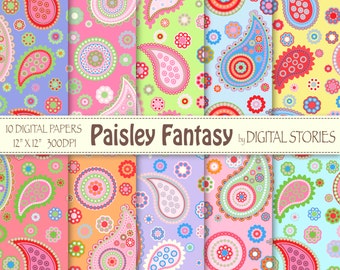 Paisley Digital Paper: "PAISLEY FANTASY 4" Scrapbook paper with colorful paisley for invites, cards, background