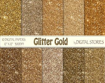 Glitter Digital Paper: "GLITTER GOLD" Scrapbook papers with golden glitter shiny Christmas textures for invites cards