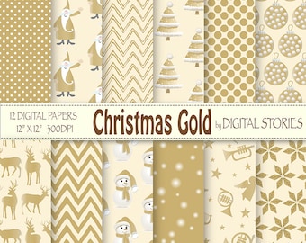 Christmas Digital Paper: "CHRISTMAS GOLD" Scrapbook paper with retro Christmas ornaments for invites cards, background - Buy 2 Get 1 Free