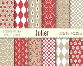 Red Beige White Drops Digital Scrapbooking Paper Pack - Juliet - Instant Download