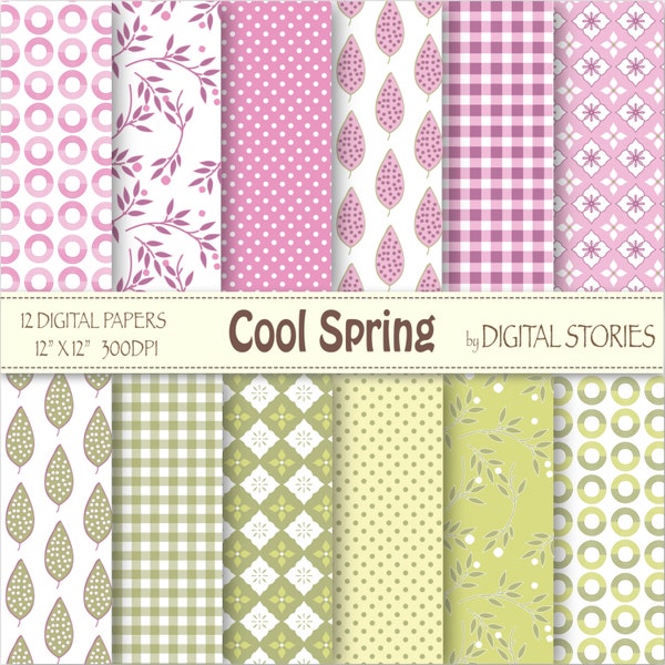 Pink Green Digital Paper Pack Floral Plaid - Cool Spring - Instant Download