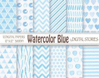 Watercolor Digital Paper: "WATERCOLOR BLUE" - Blue Watercolor Baby Boy Digital Patterns Dots Chevron Triangles Stripes