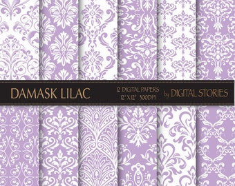 Damask Digital Paper: "DAMASK LILAC" digital paper with vintage elements in lilac patterns for scrapbooking, invites