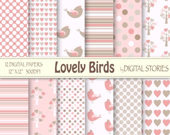 Baby Girl Digital Paper: "LOVELY BIRDS" Pink Beige Hearts Dots Stripes Tree for scrapbooking, invites, cards