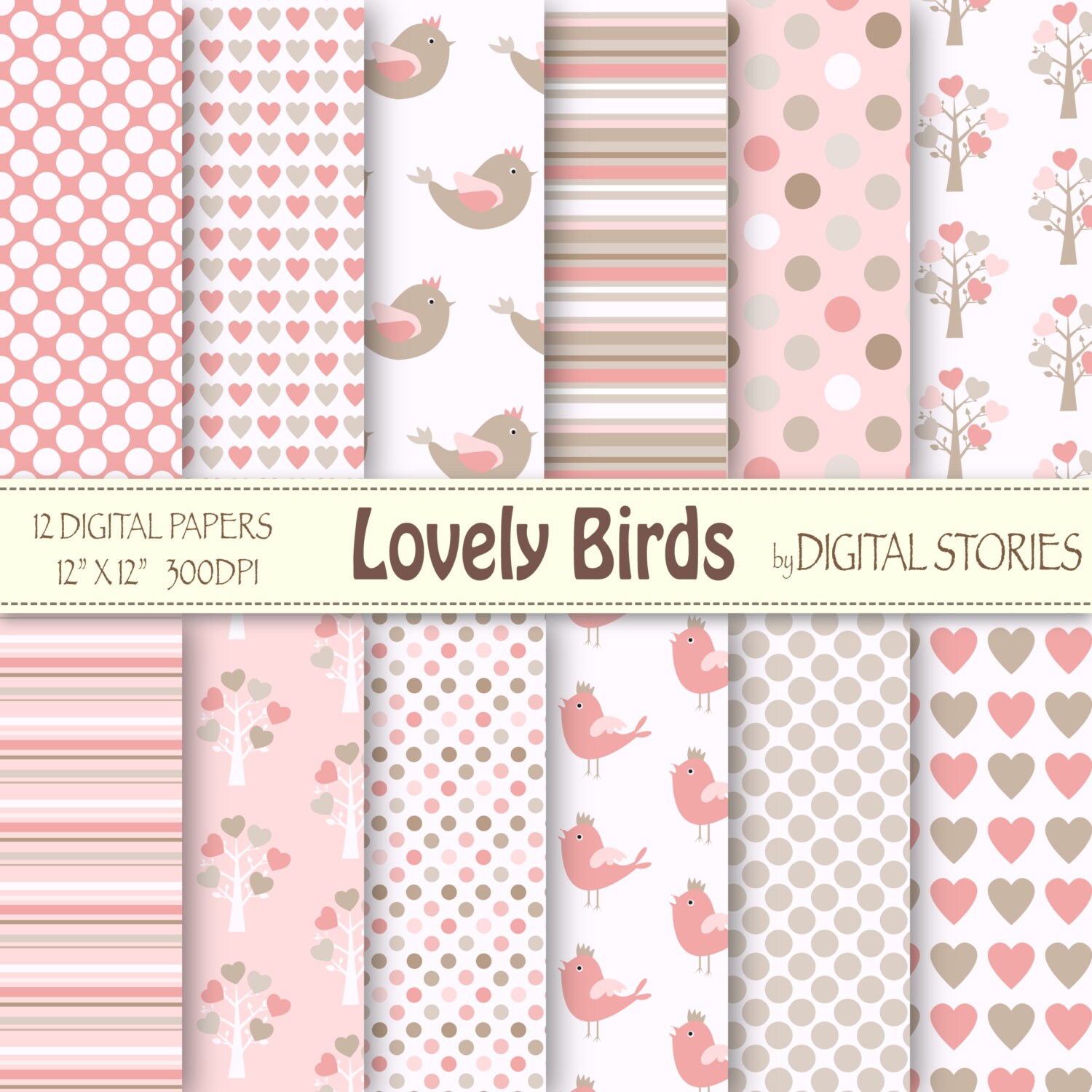 Baby Girl Digital Paper: lovely Birds Pink Beige Hearts Dots Stripes ...