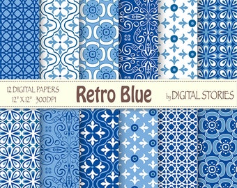 Retro Digital Paper: "RETRO BLUE" Retro scrapbook digital paper pack with blue patterns, for invites, cards, backgrounds