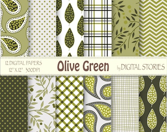 Paisley Froral Digital Paper: "OLIVE GREEN" Paisley Floral scrapbbok papers for backgrounds, invites, cards