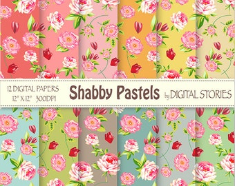 Shabby Chic Digital Paper: "SHABBY PASTELS" Floral roses digital paper for scrapbooking, invites, cards