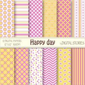 Pink Yellow Digital Papers: HAPPY DAY, scrapbook digital paper set with chevron, dots, stripes for cards, baby shower, invitation image 1