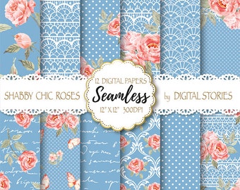 Shabby Chic Digital Paper "SHABBY LACE BLUE" Floral Seamless, Tileable Background with watercolor roses  for scrapbooking, invitation, cards