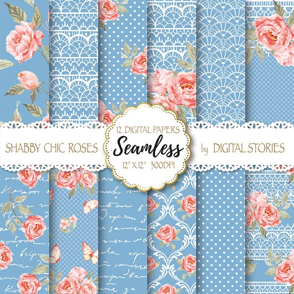 Shabby Chic Digital Paper "SHABBY LACE BLUE" Floral Seamless, Tileable Background with watercolor roses  for scrapbooking, invitation, cards
