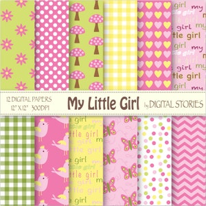 Baby Girl Digital Paper: MY LITTLE GIRL Green Pink Yellow Birds, Mushrooms, Butterfies for scrapbooking, invites, cards image 1