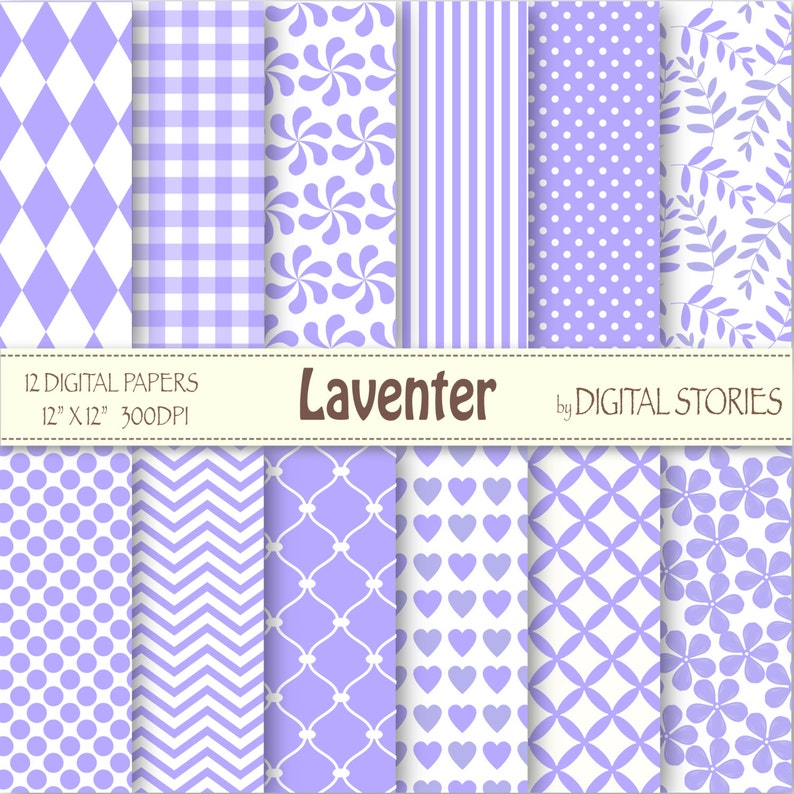 Laventer Basic Digital Paper Pack with hearts, dots, chevron, plaid, floral elements for crafts, cards, invitation image 1