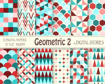 Geometric Digital Paper: "GEOMETRIC RED TURQUOISE" Geometric Patterns, triangle honeycomb for scrapbooking, cards, invites