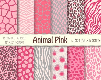 Animal Print Digital Paper: "ANIMAL PRINT PINK" Giraffe, Zebra, Panther, Leopard, Cow, Peacock pattern for invites, cards
