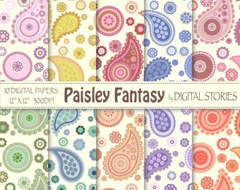 Paisley Digital Paper: "PAISLEY FANTASY 3" Scrapbook paper with colorful paisley for invites, cards, background