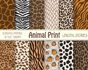 Animal Print Digital Paper: "ANIMAL PRINT" Giraffe, Zebra, Panther, Leopard, Cow, Peacock pattern for invites, cards