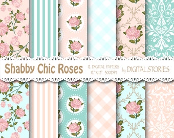 Shabby Chic Digital Paper:" SHABBY TEAL PINK" Floral background with roses for scrapbooking, invites, cards