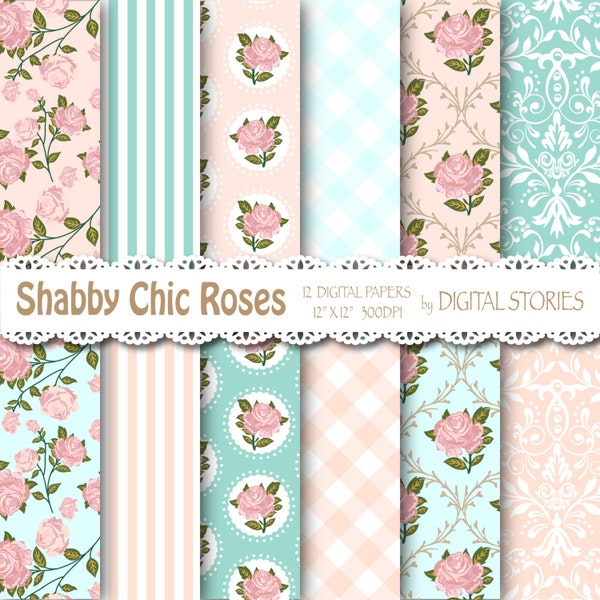 Shabby Chic Digital Paper:" SHABBY TEAL PINK" Floral background with roses for scrapbooking, invites, cards