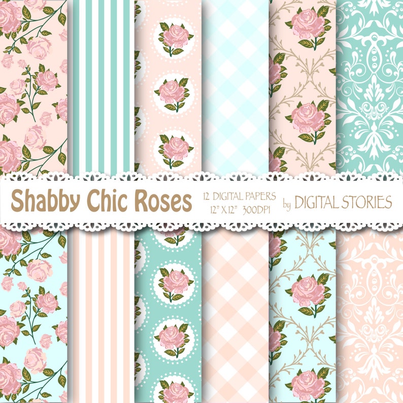 Shabby Chic Digital Paper: SHABBY TEAL PINK Floral background with roses for scrapbooking, invites, cards image 1