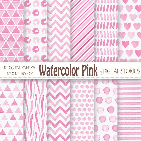Watercolor Digital Paper: "WATERCOLOR PINK" - Pink Watercolor Baby Girl Digital Patterns Dots Chevron Triangles Stripes