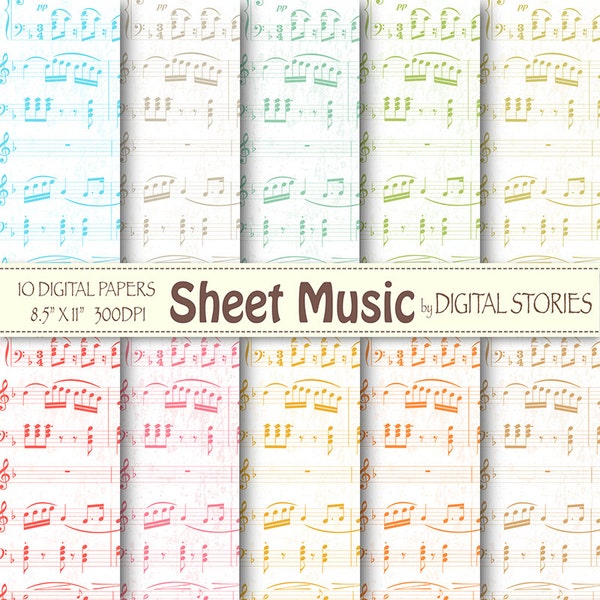 Music digital paper: "SHEET MUSIC" Music digital papers in pastel colors for scrapbooking, invites, cards, background