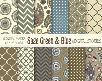 Paisley Digital Paper: "SAGE GREEN BLUE"  Paisley Retro scrapbook digital paper for invites, cards, backgrounds