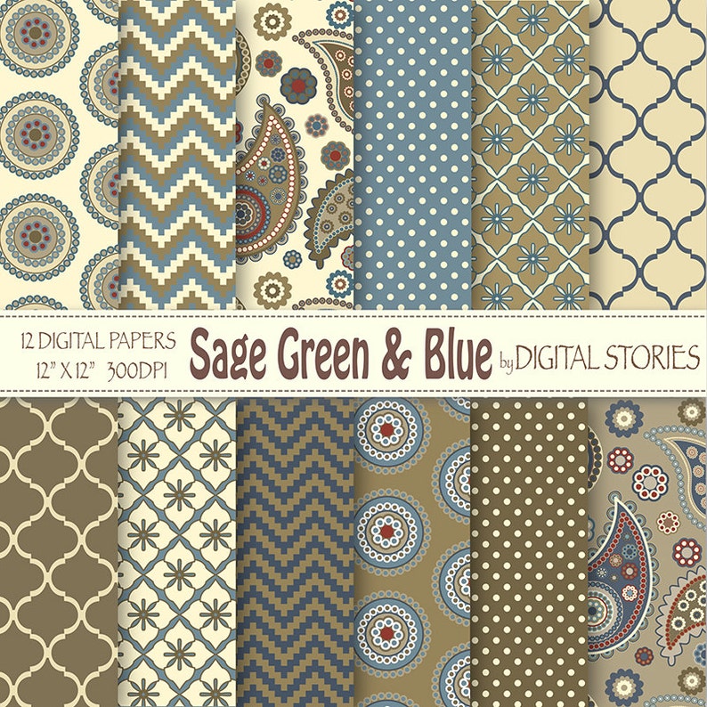 Paisley Digital Paper: SAGE GREEN BLUE Paisley Retro scrapbook digital paper for invites, cards, backgrounds image 1