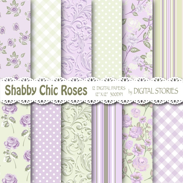 Shabby Chic Digital Paper: "SHABBY LILAC ROSES" Floral background with roses for scrapbooking, invites, cards