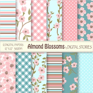 Floral Digital Paper: "ALMOND BLOSSOMS"  Blossoms Floral Pink Turquoise Blue Digital Scrapbook Paper for invites, cards