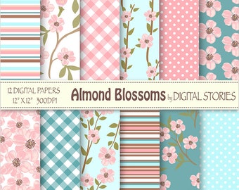 Floral Digital Paper: "ALMOND BLOSSOMS"  Blossoms Floral Pink Turquoise Blue Digital Scrapbook Paper for invites, cards