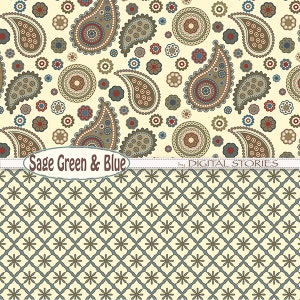 Paisley Digital Paper: SAGE GREEN BLUE Paisley Retro scrapbook digital paper for invites, cards, backgrounds image 2