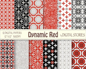 Red Black Gray Retro Digital Scrapbook Paper Pack - Dynamic Red