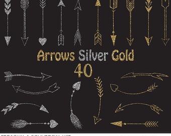 40 Arrows Clipart: "ARROWS GOLD SILVER"  Glitter Sparkle Hand drawn arrows, tribal arrows, wedding, doodle, tribal archery, clip art
