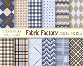 Fabric Plaid Digital Paper: "FABRIC FACTORY" Argyle Blue Brown Plaid Scrapbook Paper Pack for cards, invites, crafts