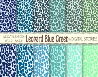 Animal Print Digital Paper: "LEOPARD BLUE GREEN"  Leopard digital paper pack in blue, green for invites, cards, backround