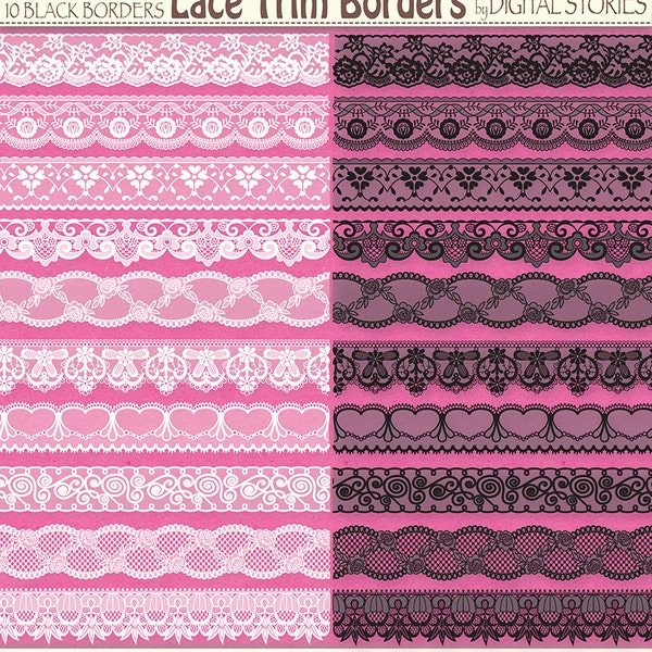 20 Lace Borders Digital Clipart: "LACE TRIM BORDERS" Black and White lace borders for wedding invites, cards, crafts