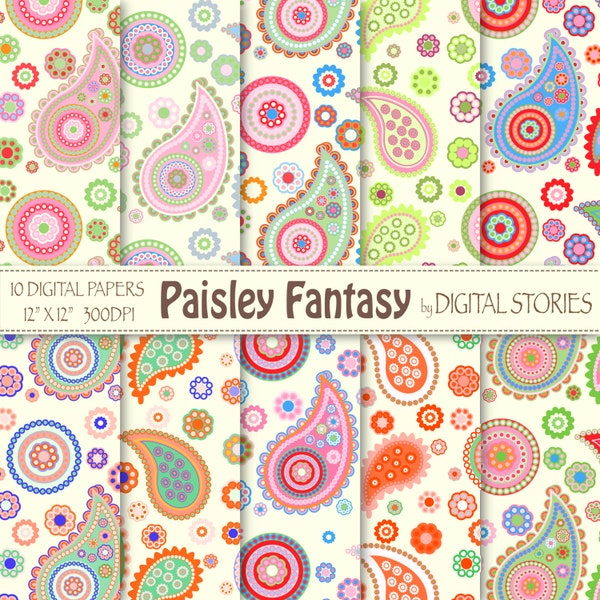 Paisley Digital Paper: "PAISLEY FANTASY 1" Scrapbook paper with colorful paisley for invites, cards, background
