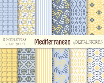 Blue Yellow Digital Paper Pack - Mediterranean - Instant Download