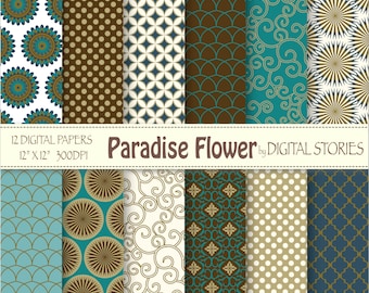 Turquoise Brown Digital Scrapbook Paper Pack -Beige Morocco Arabesque - Paradise Flower - Instant Download