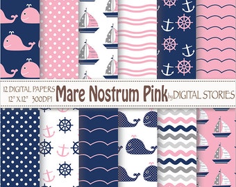 Nautical Digital Papers: "MARE NOSTRUM" Clip art in Navy Blue & Pink with Anchors Whales Sailboat Waves, nautical patterns for scrapbooking